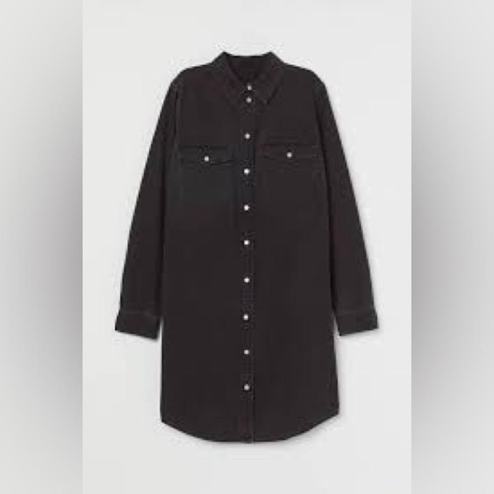 H&M Black Denim Shirt Long Sleeve Dress Size Small with Pockets